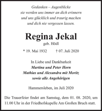 Traueranzeige von Regina Jekal (geb. Hödl)  von Magdeburger Volksstimme