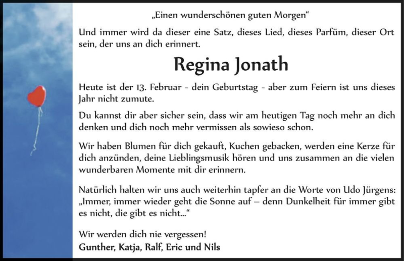  Traueranzeige für Regina Jonath  vom 13.02.2021 aus Magdeburger Volksstimme