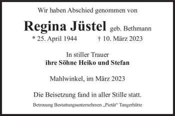 Traueranzeige von Regina Jüstel (geb. Bethmann)  von Magdeburger Volksstimme