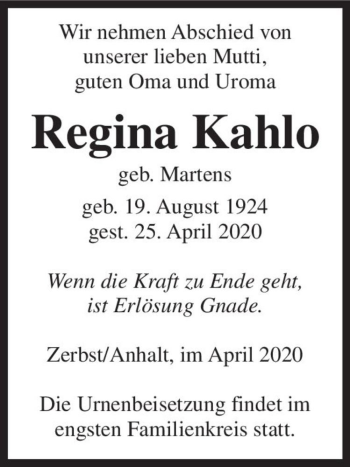 Traueranzeige von Regina Kahlo (geb. Martens)  von Magdeburger Volksstimme