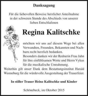 Traueranzeige von Regina Kalitschke  von Magdeburger Volksstimme