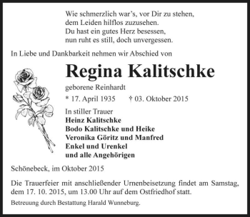 Traueranzeige von Regina Kalitschke (geb. Reinhardt)  von Magdeburger Volksstimme