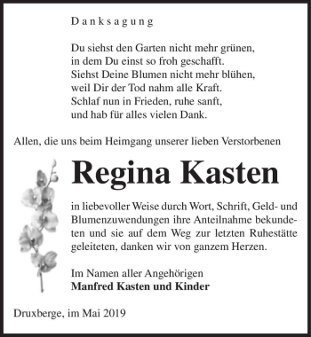 Traueranzeige von Regina Kasten  von Magdeburger Volksstimme