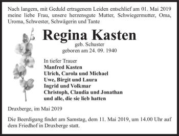 Traueranzeige von Regina Kasten (geb. Schuster)  von Magdeburger Volksstimme