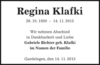 Traueranzeige von Regina Klafki  von Magdeburger Volksstimme