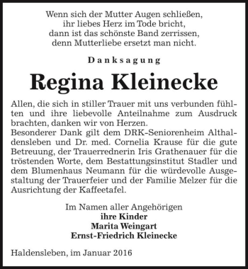 Traueranzeige von Regina Kleinecke  von Magdeburger Volksstimme