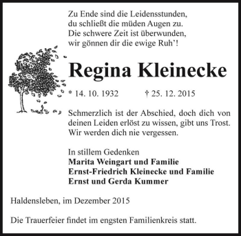 Traueranzeige von Regina Kleinecke  von Magdeburger Volksstimme