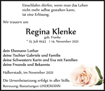 Traueranzeige von Regina Klenke (geb. Franke)  von Magdeburger Volksstimme