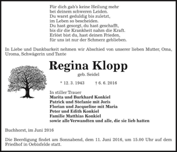 Traueranzeige von Regina Klopp (geb. Seidel)  von Magdeburger Volksstimme