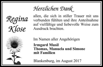 Traueranzeige von Regina Klose  von Magdeburger Volksstimme