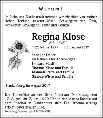 Traueranzeige von Regina Klose (geb. Ziegler)  von Magdeburger Volksstimme