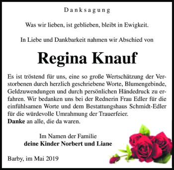 Traueranzeige von Regina Knauf  von Magdeburger Volksstimme
