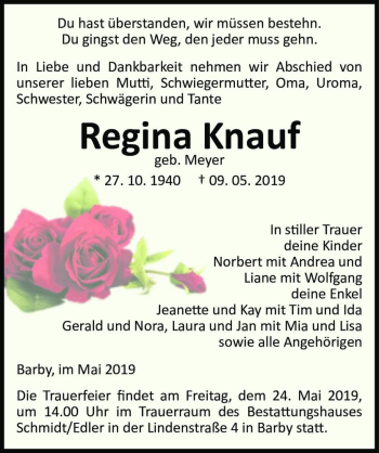 Traueranzeige von Regina Knauf (geb. Meyer)  von Magdeburger Volksstimme