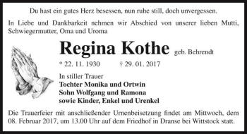 Traueranzeige von Regina Kothe (geb. Behrendt)  von Magdeburger Volksstimme