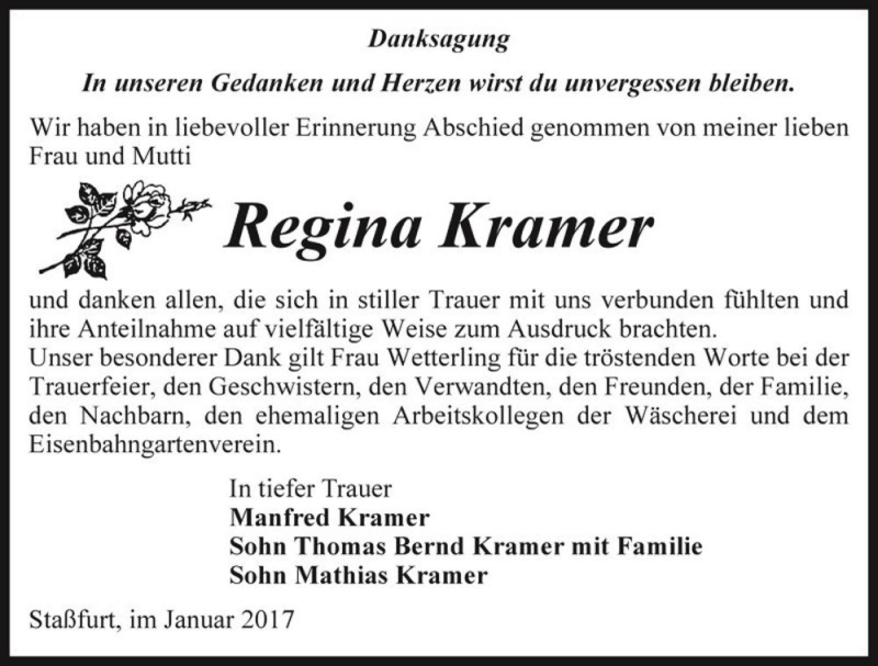  Traueranzeige für Regina Kramer  vom 21.01.2017 aus Magdeburger Volksstimme