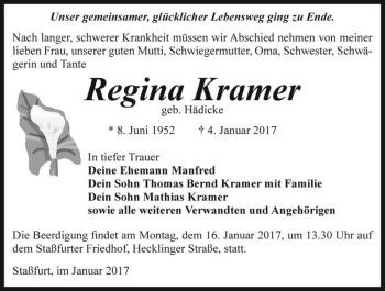 Traueranzeige von Regina Kramer (geb. Hädicke)  von Magdeburger Volksstimme