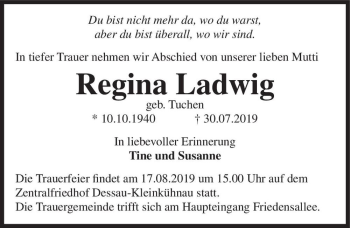 Traueranzeige von Regina Ladwig (geb. Tuchen)  von Magdeburger Volksstimme