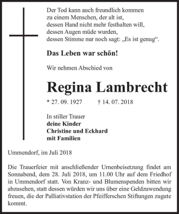 Traueranzeige von Regina Lambrecht  von Magdeburger Volksstimme