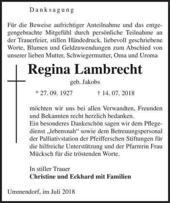 Traueranzeige von Regina Lambrecht (geb. Jakobs)  von Magdeburger Volksstimme