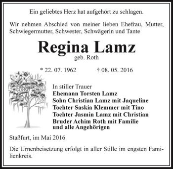 Traueranzeige von Regina Lamz (geb. Roth)  von Magdeburger Volksstimme