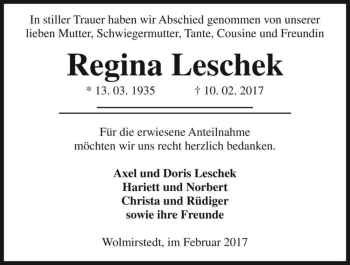Traueranzeige von Regina Leschek  von Magdeburger Volksstimme
