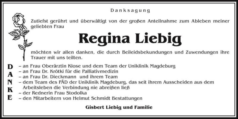  Traueranzeige für Regina Liebig  vom 02.04.2016 aus Magdeburger Volksstimme