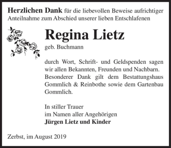 Traueranzeige von Regina Lietz (geb. Buchmann)  von Magdeburger Volksstimme