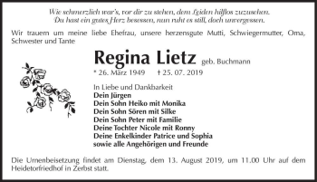 Traueranzeige von Regina Lietz (geb. Buchmann)  von Magdeburger Volksstimme