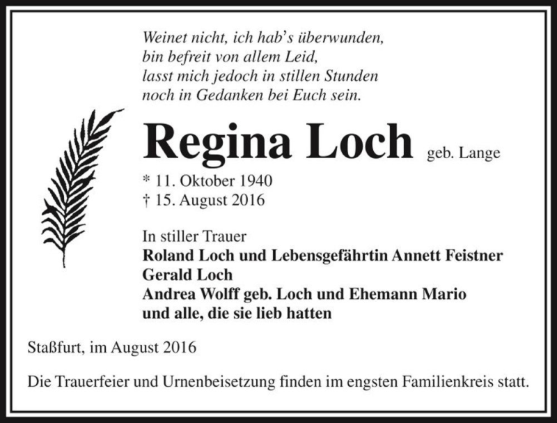  Traueranzeige für Regina Loch (geb. Lange)  vom 20.08.2016 aus Magdeburger Volksstimme