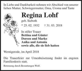 Traueranzeige von Regina Lohf (geb. Sieboth)  von Magdeburger Volksstimme