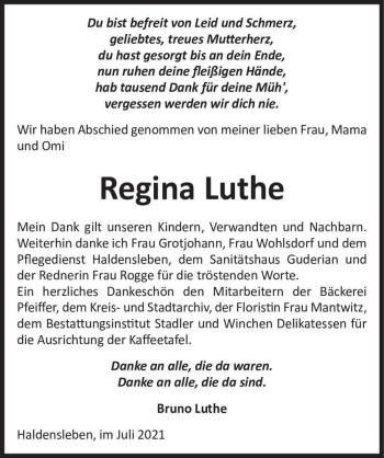 Traueranzeige von Regina Luthe  von Magdeburger Volksstimme