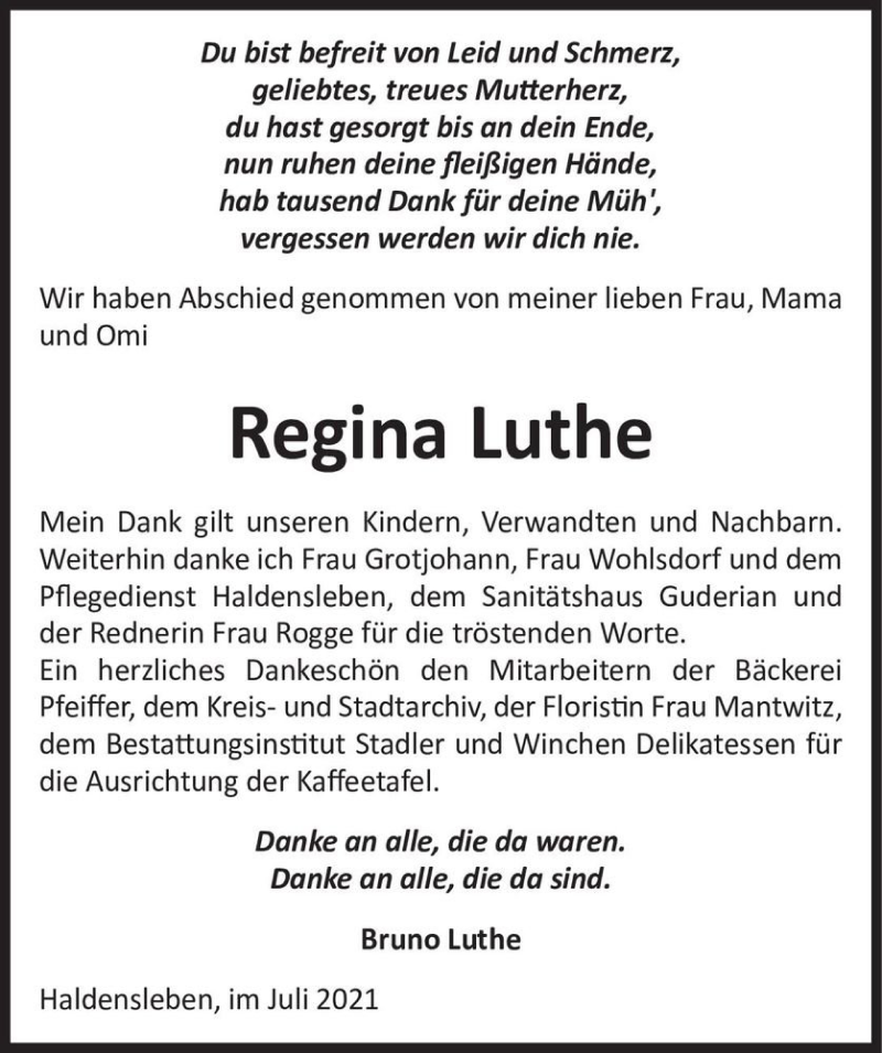 Traueranzeige für Regina Luthe  vom 09.07.2021 aus Magdeburger Volksstimme