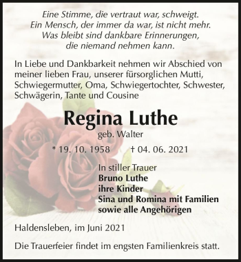 Traueranzeige von Regina Luthe (geb. Walter)  von Magdeburger Volksstimme