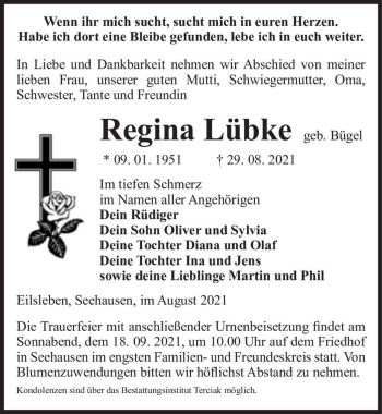 Traueranzeige von Regina Lübke (geb. Bügel)  von Magdeburger Volksstimme