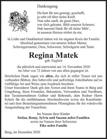 Traueranzeige von Regina Matek (geb. Englich)  von Magdeburger Volksstimme