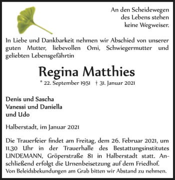 Traueranzeige von Regina Matthies  von Magdeburger Volksstimme