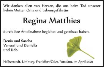 Traueranzeige von Regina Matthies  von Magdeburger Volksstimme