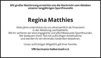 Traueranzeige von Regina Matthies  von Magdeburger Volksstimme
