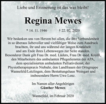 Traueranzeige von Regina Mewes  von Magdeburger Volksstimme