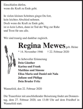 Traueranzeige von Regina Mewes (geb. Heine)  von Magdeburger Volksstimme