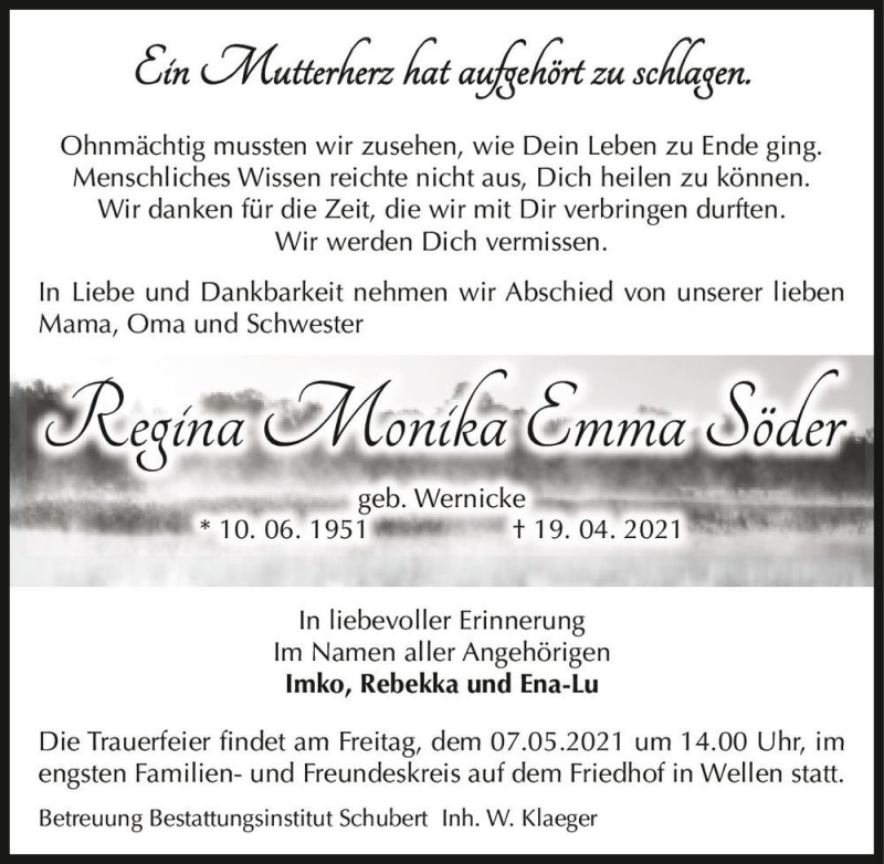  Traueranzeige für Regina Monika Emma Söder (geb. Wernicke)  vom 24.04.2021 aus Magdeburger Volksstimme