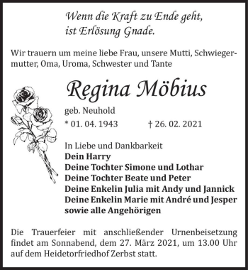 Traueranzeige von Regina Möbius (geb. Neuhold)  von Magdeburger Volksstimme