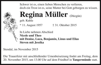 Traueranzeige von Regina Müller (Düzgün) (geb. Kuhle)  von Magdeburger Volksstimme