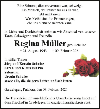 Traueranzeige von Regina Müller (geb. Schulze)  von Magdeburger Volksstimme