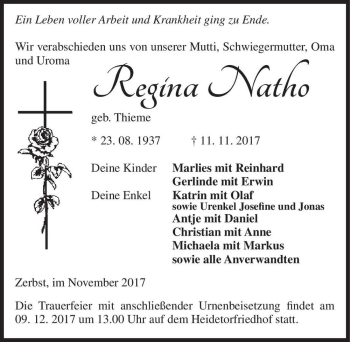 Traueranzeige von Regina Natho (geb. Thieme)  von Magdeburger Volksstimme