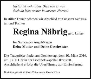 Traueranzeige von Regina Näbrig (geb. Lange)  von Magdeburger Volksstimme