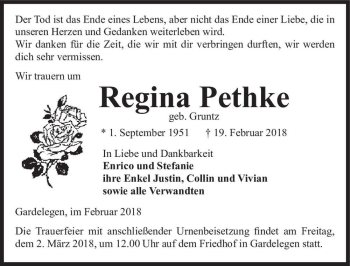 Traueranzeige von Regina Pethke (geb. Gruntz)  von Magdeburger Volksstimme
