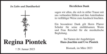 Traueranzeige von Regina Piontek  von Magdeburger Volksstimme