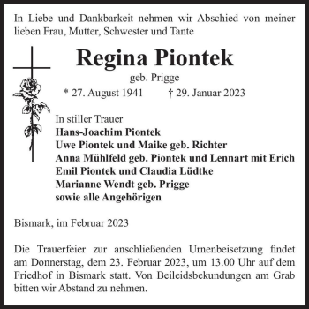 Traueranzeige von Regina Piontek (geb. Prigge)  von Magdeburger Volksstimme