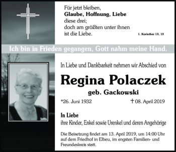 Traueranzeige von Regina Polaczek (geb. Gackowski)  von Magdeburger Volksstimme